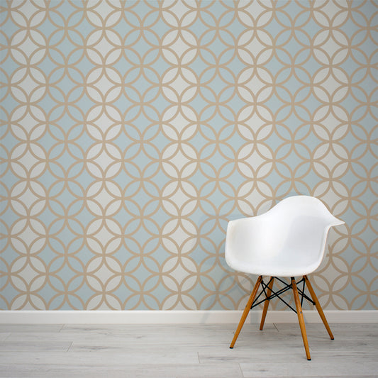 Shippo Light  Cream and Blue Interlocking Circles Wallpaper Mural with White Chair