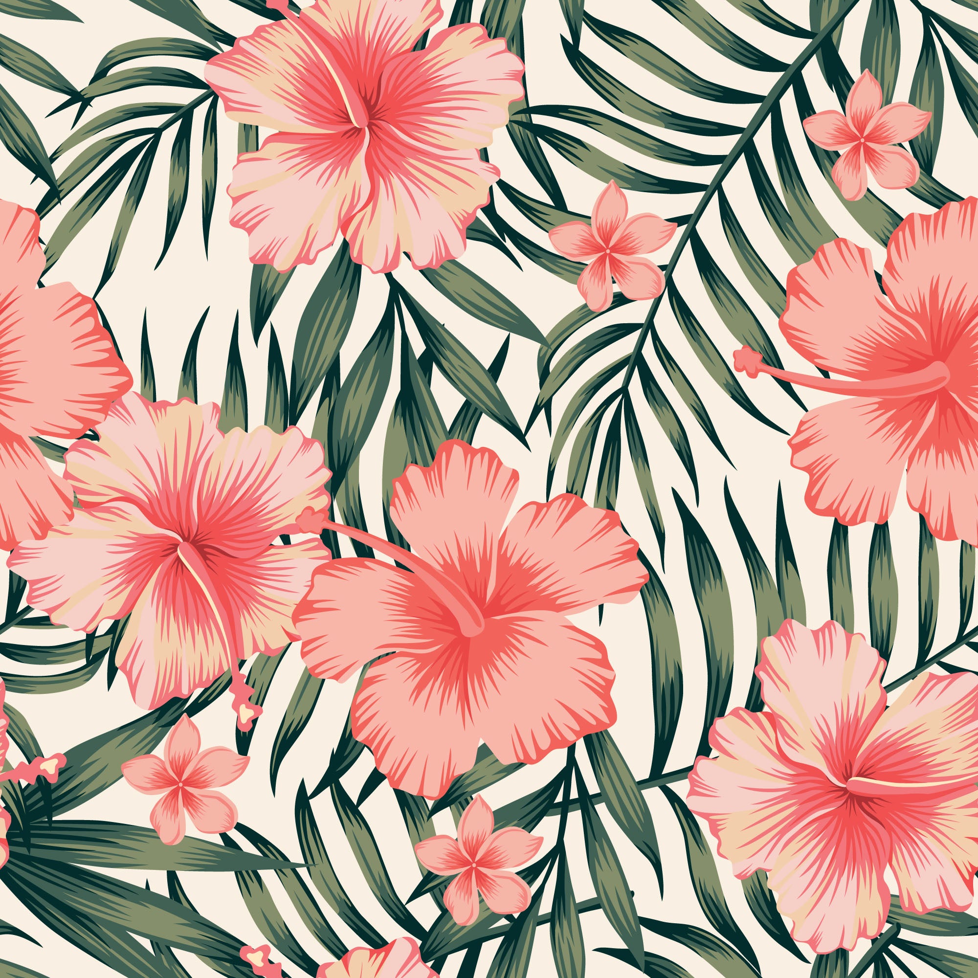 Sila - Peach and Green Tropical Flowers and Leaves Wallpaper Mural