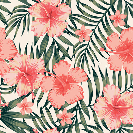 Sila - Peach and Green Tropical Flowers and Leaves Wallpaper Mural