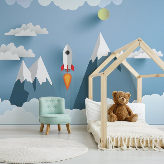 Skyrocket wallpaper mural with a Childs bed and Green chair | WallpaperMural.com