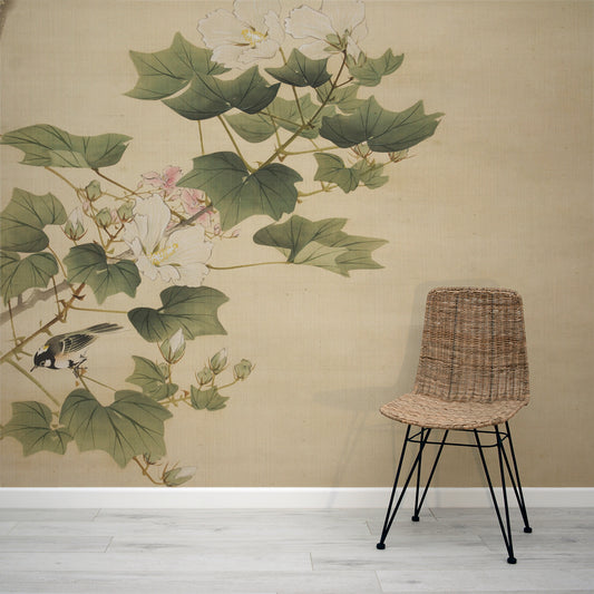 Sparrow Wallpaper Mural with Rattan Chair