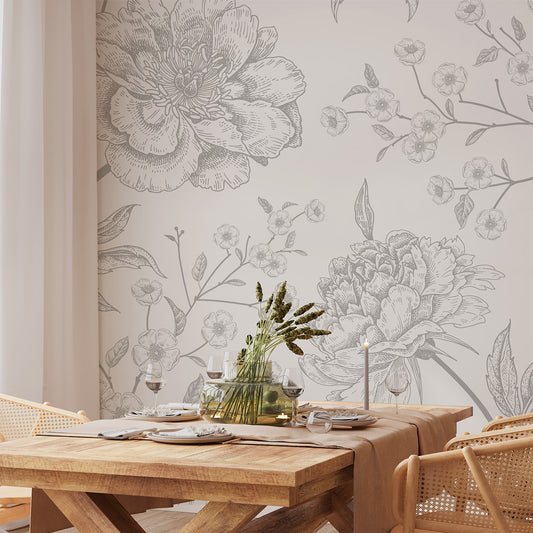 Subtle grey and white detailed floral wallpaper mural from WallpaperMural.com shown in a living room.