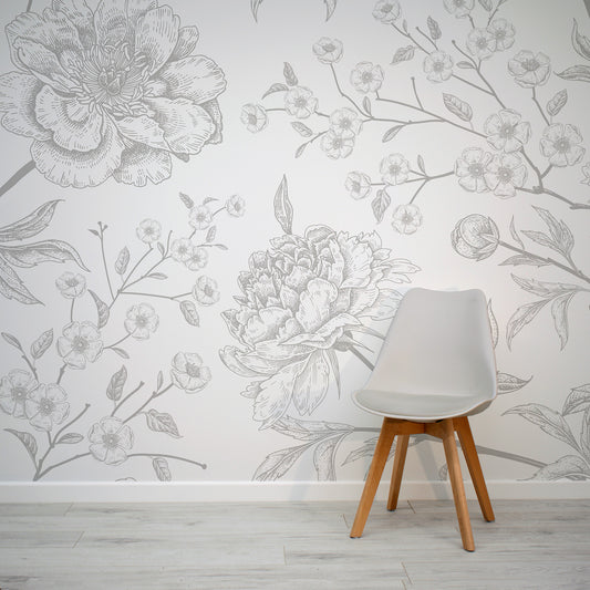 Subtle grey and white detailed floral wallpaper mural from WallpaperMural.com