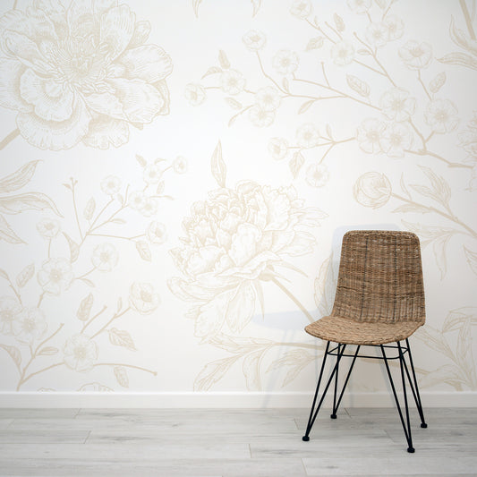 Subtle Botany wallpaper mural features details flowers and branches in a minimalist costwold inspired colour palette