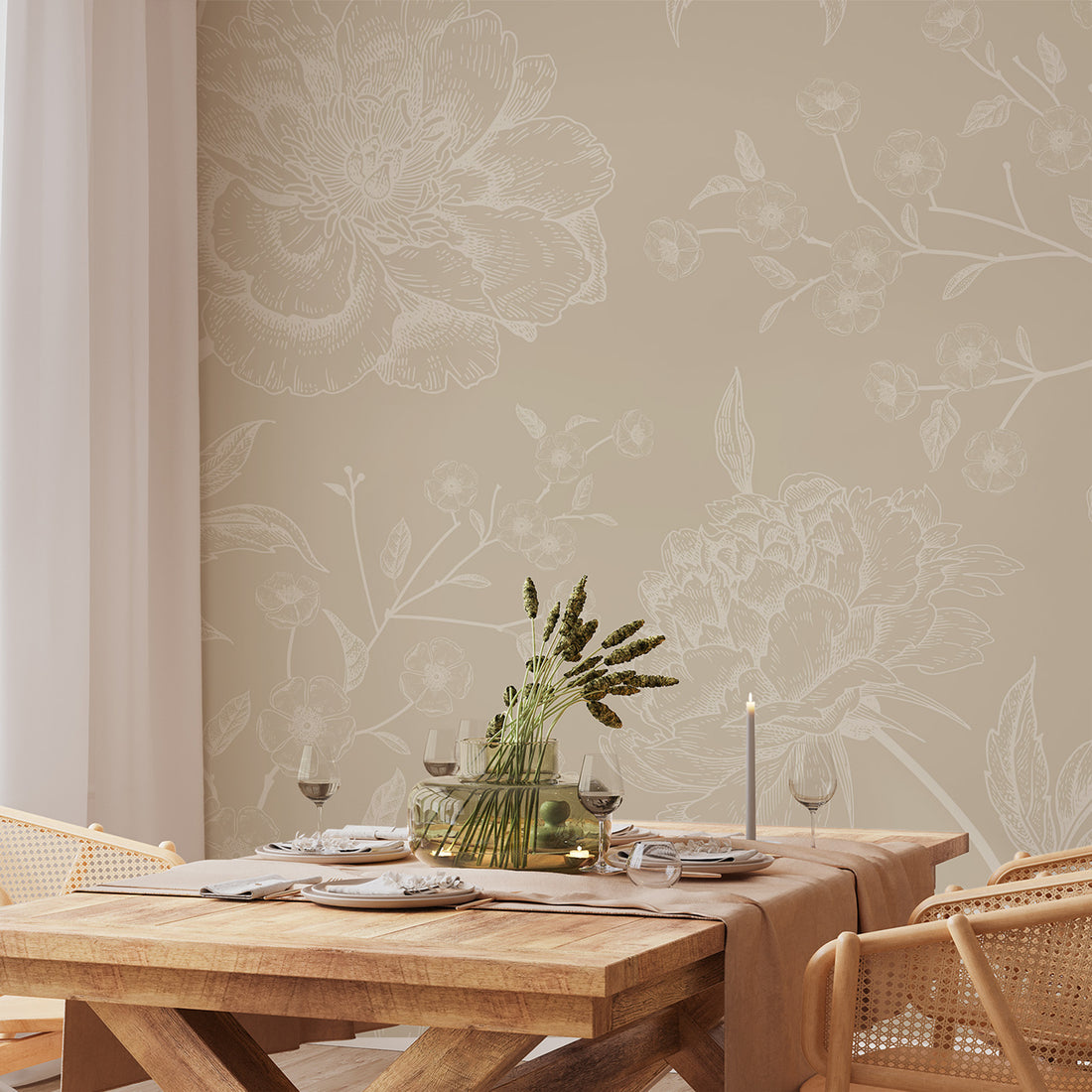 Papier peint scandi neutre à thème floral détaillé beige par WallpaperMural