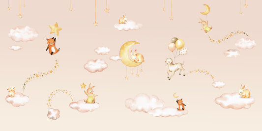 Sweet Dreams Pink - Pink Sky Bedtime Animals Illustration Wallpaper Mural Full Artwork