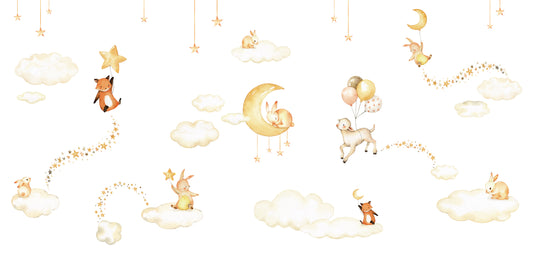 Sweet Dreams White - White Sky Bedtime Animals Illustration Wallpaper Mural Full Artwork