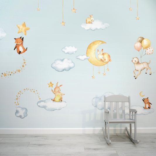 Sweet Dreams Blue - Blue Sky Bedtime Animals Illustration Wallpaper Mural with Baby Chair