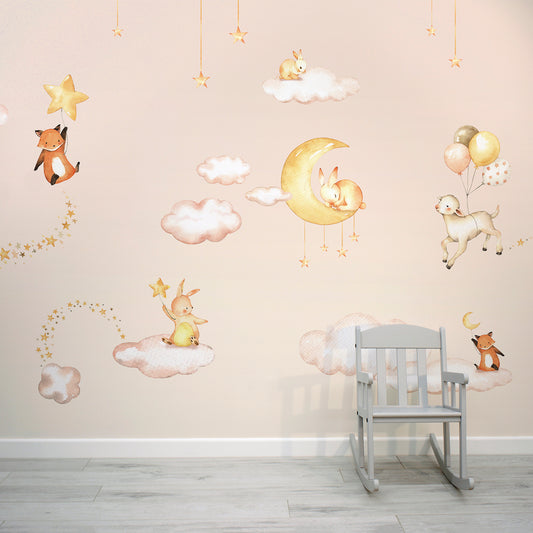 Sweet Dreams Pink - Pink Sky Bedtime Animals Illustration Wallpaper Mural with Baby Chair