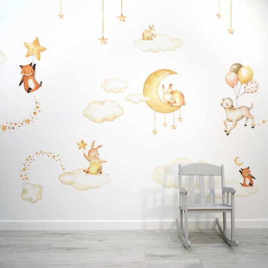 Sweet Dreams White - White Sky Bedtime Animals Illustration Wallpaper Mural with Baby Chair