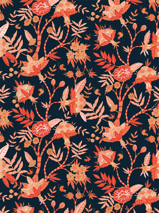 Red and navy floral chinoiserie wallpaper
