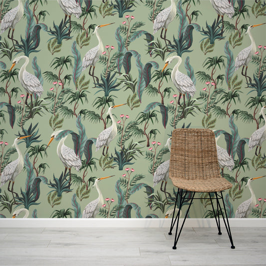 Tsuru Green White Cranes on Green Background Pattern Wallpaper Mural with Rattan Chair