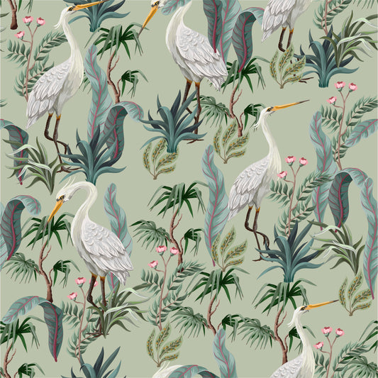 Tsuru Green White Cranes on Green Background Pattern Wallpaper Mural Full Pattern
