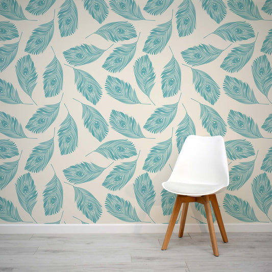 Turquoise Blue peacock feather mural wallpaper by WallpaperMural.com