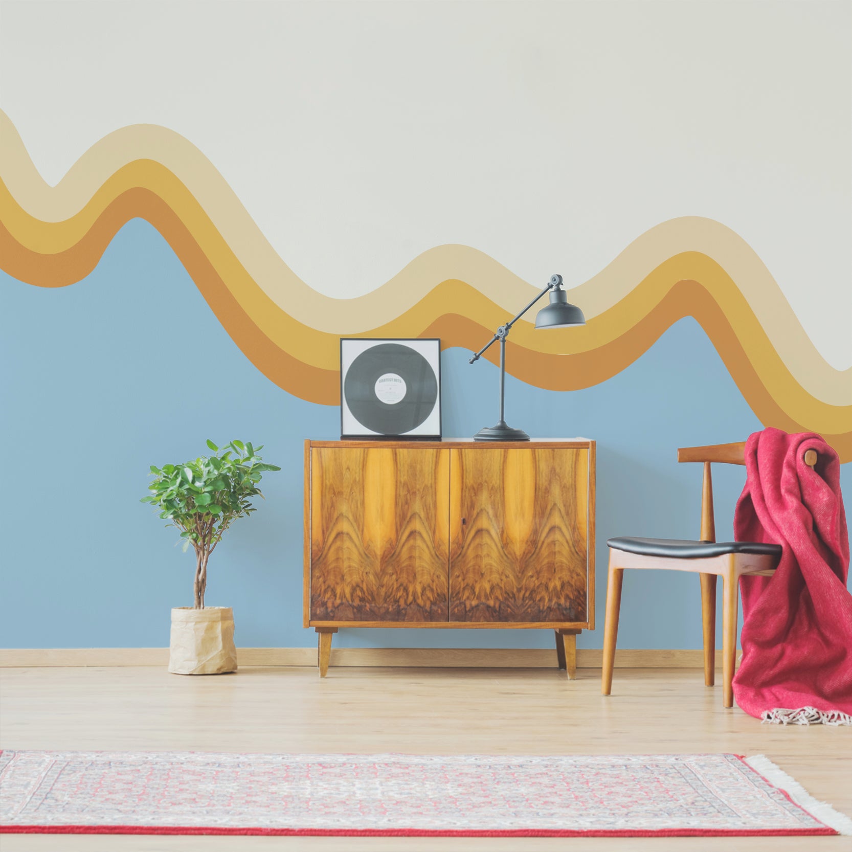 Wall Mural - Orange Wave on Blue - Removable Wallpaper (Peel & Stick) - Made to Measure