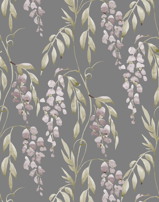 Wisteria Grise - Rollo de papel pintado floral gris vintage