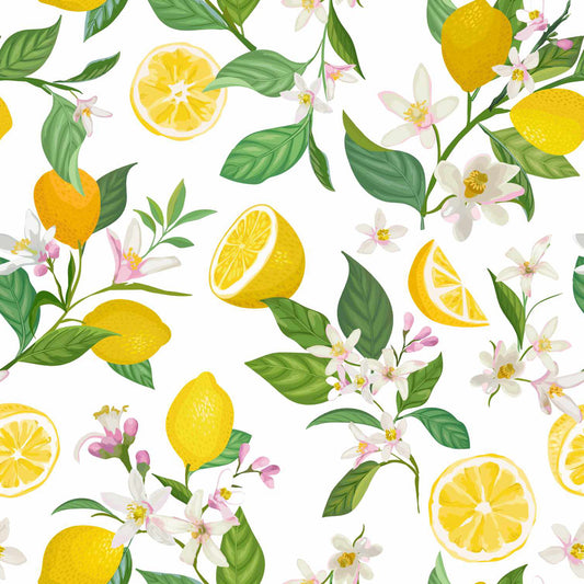 Yellow Lemon & Green Leaf Wall Mural by WallpaperMural.com