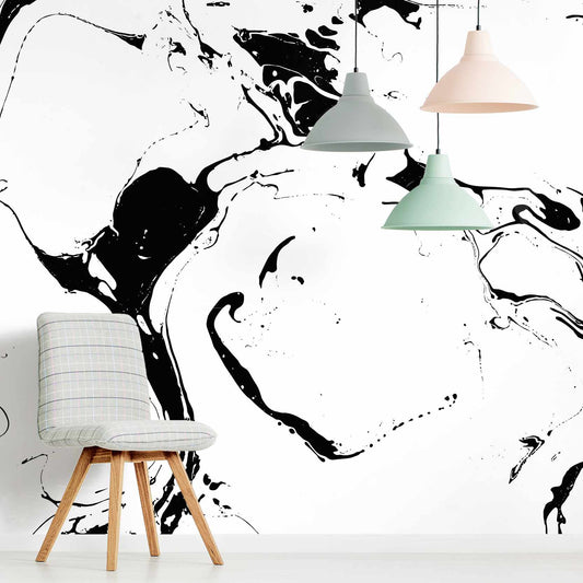 Mono Swirl wallpaper mural with a chair and some lights | WallpaperMural.com