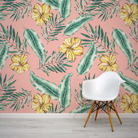 pink, green and yellow tropical leaf and flowers wallpaper mural by WallpaperMural.com