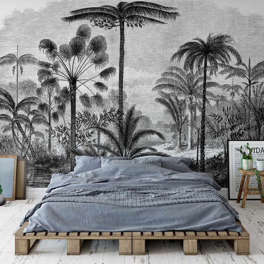 Arthur Wallpaper Mural with a wooden double bed in front. Mural by The Mural Wallpaper company