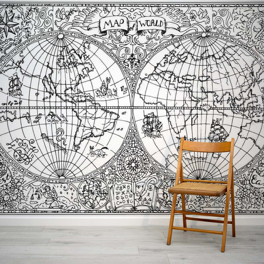Black and white vintage map wall mural by WallpaperMural.com